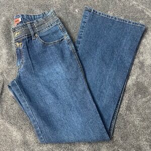 Y2K Flare Leg Denim Rhinestone Mid Rise Embroidered Pockets Sz 9 Retro Hippie